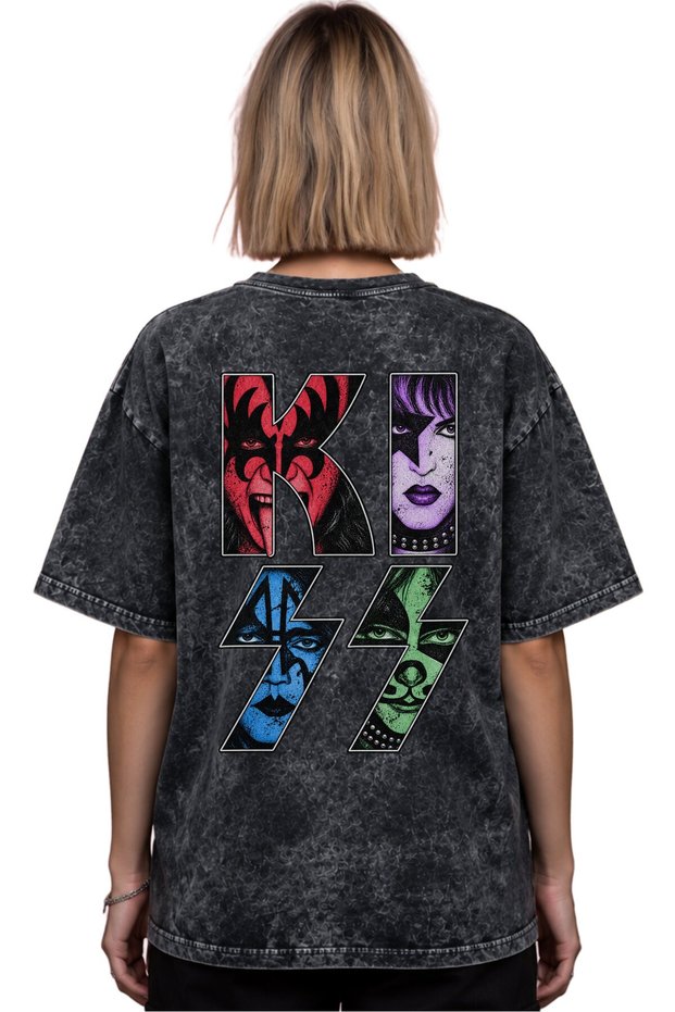 Kiss Rock Metal Music Band Printed Unisex Oversize Vintage Washed T-Shirt
