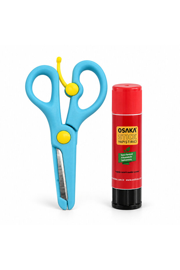 Children's Scissors Blue – Protected Blunt Tip Spring Steel Blade Scissors and 9 Gr Stick Adhesive Set