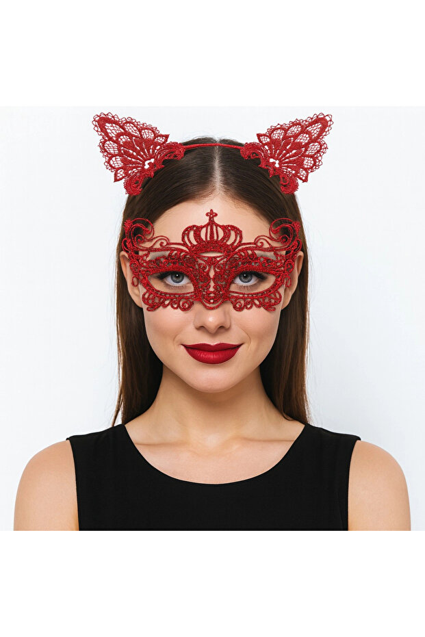 Luxury Red Lace Crown Mask Set No 2 - Party, Prom, Costume Accessory