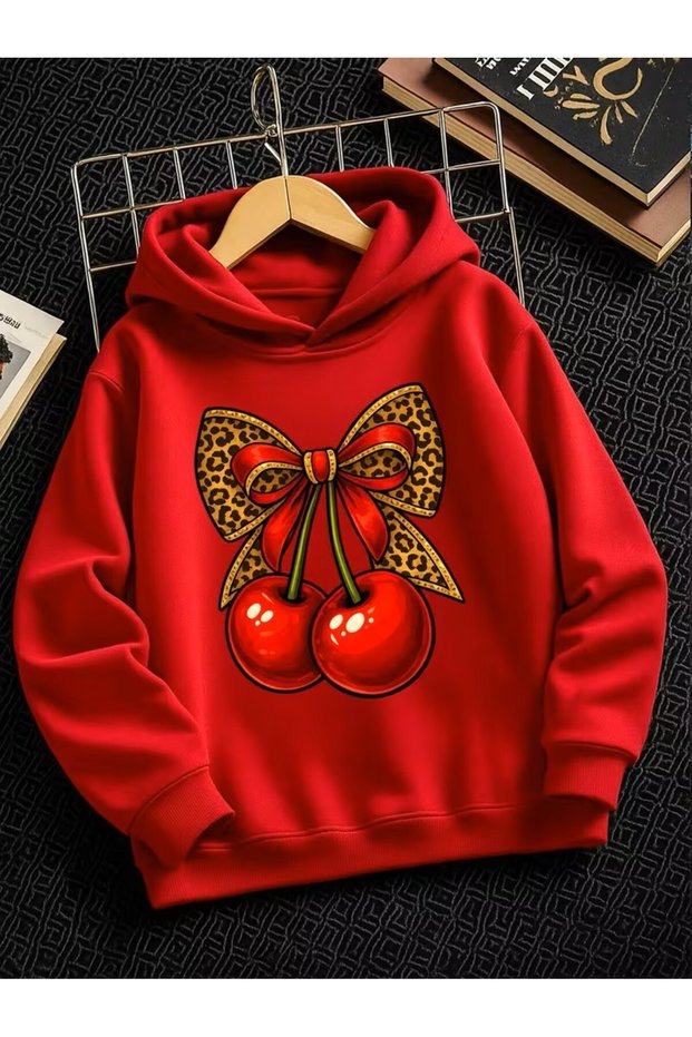 Red Bow Cherry Leopard Autumn and Winter Boys' Winter Fashion Casual Hooded Sweatshirt Fashion Sports Print Sports Outdoor
