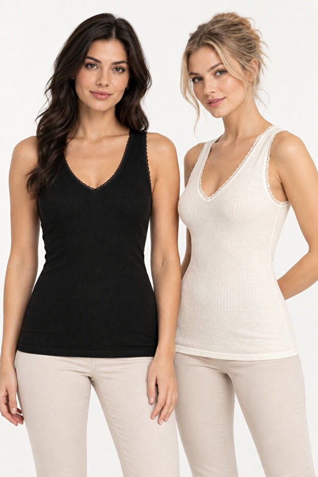 Women's 2-Piece Viscose Report V-Neck Wide Strap Athlete Set Flexible Daily Underwear
