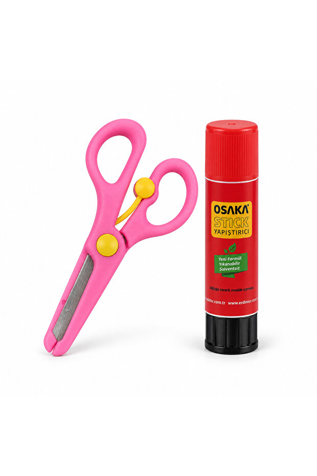 Children's Scissors Pink – Protected Blunt Tip Spring Steel Blade Scissors and 9 Gr Stick Adhesive Set