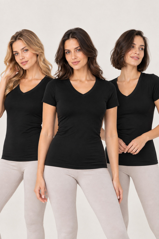 Women's 3-Pack Modal Cotton V-Neck Short Sleeve Basic Undershirt Set Stretchy Casual Underwear