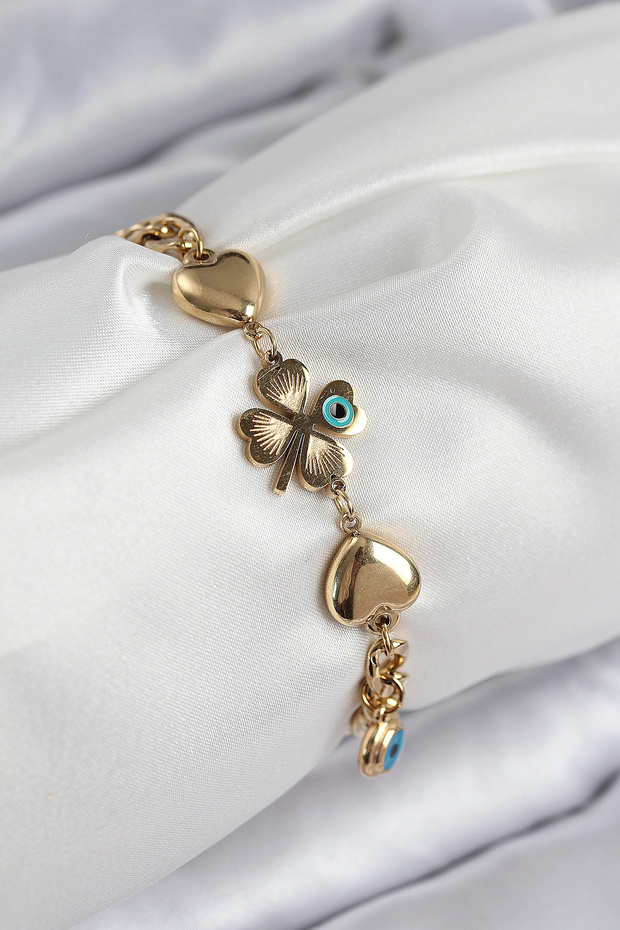 316L Steel Evil Eye Bead Detailed Clover Model Gold Color Women's Bracelet Tj-Bb7832