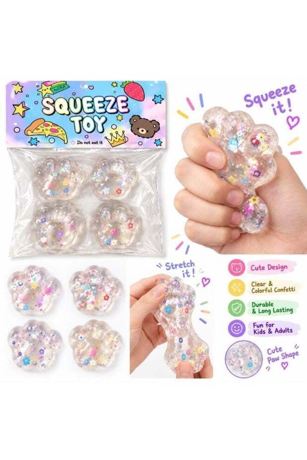 Squeeze Paw Shape Squeezy Toy Set with Colorful Confetti, 4-Pack