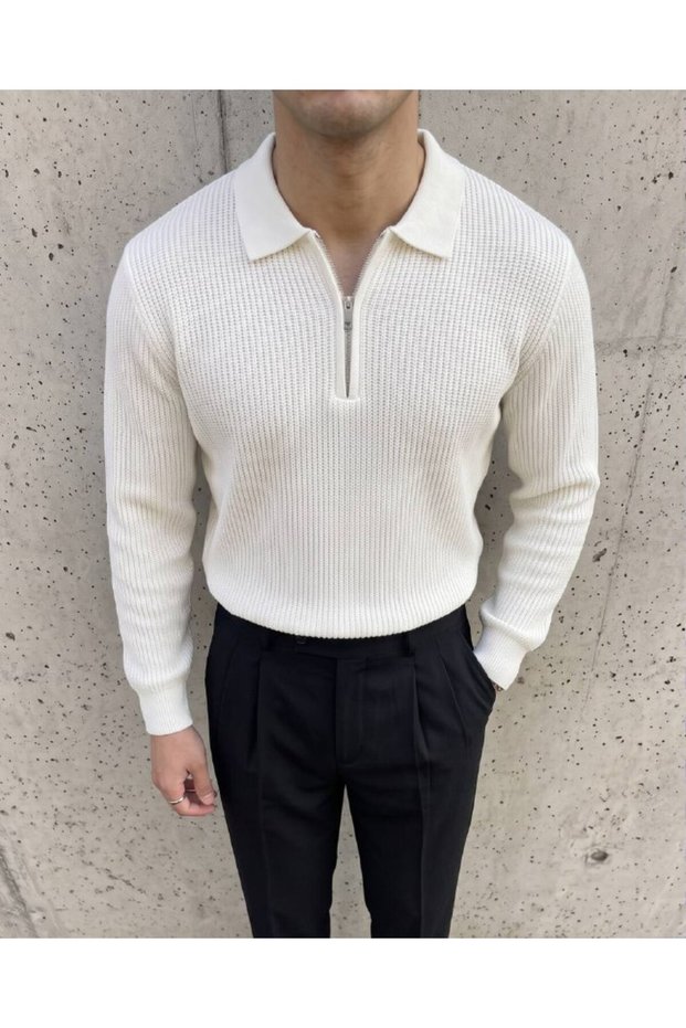 Men's Knitted Zippered Polo Collar Sweater