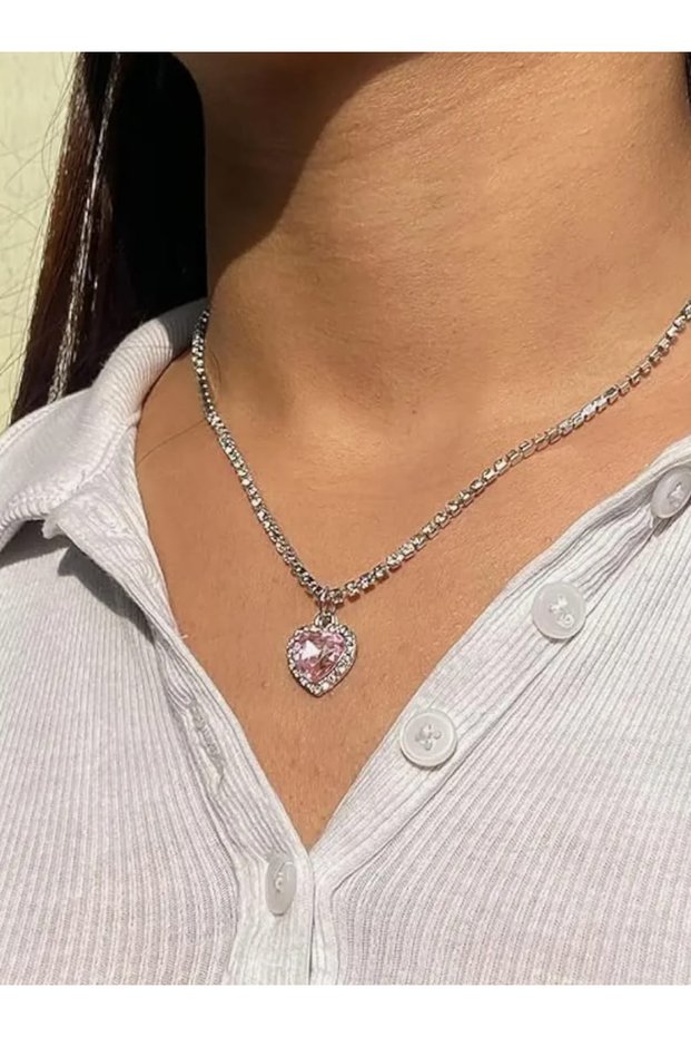 Xuping Pink Heart Figured Waterway Necklace – Silver Color Tarnish Resistant Steel Zircon Stone Women's Necklace