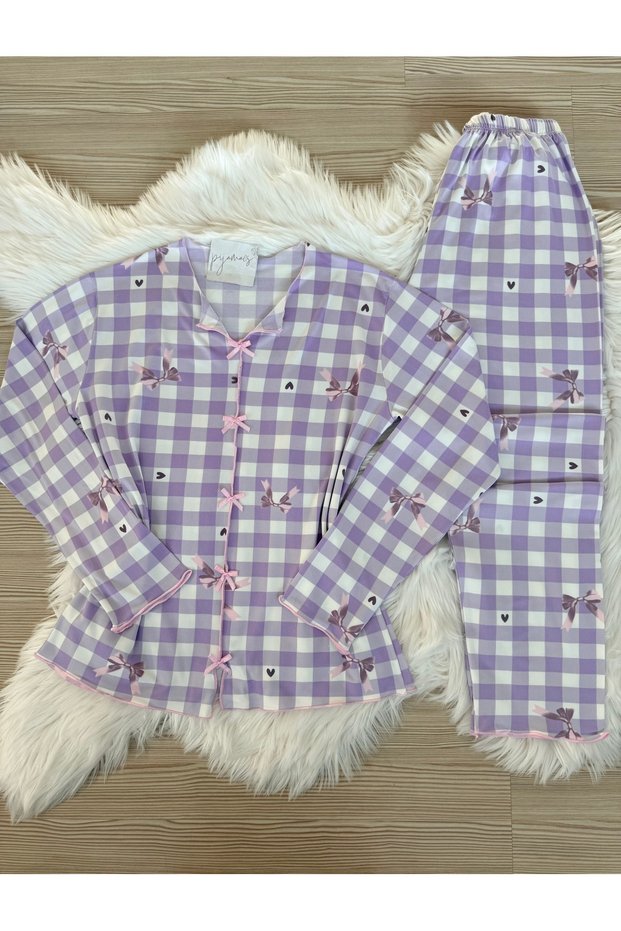 Lilac Gingham Patterned Bow Detailed Soft Feel Long Sleeve Knitted Pajama Set