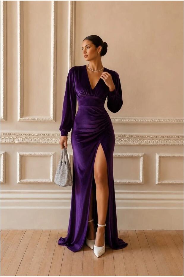 Velvet Slit Evening Dress Fabric Dress with Stand Collar