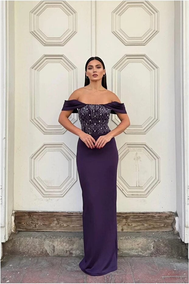 Thick Sequined Maxi Evening Dress with Collar and Long Sleeves