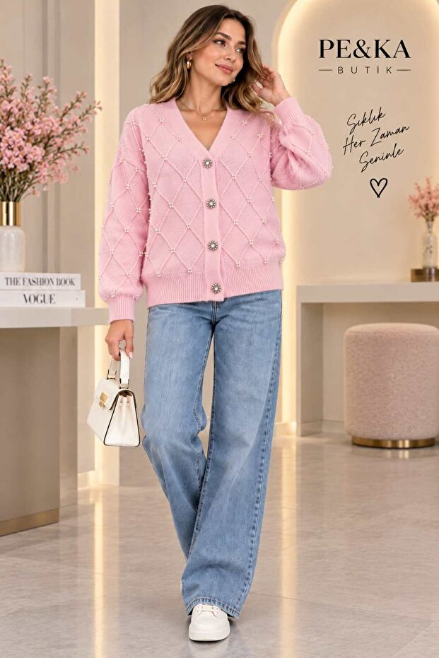 Women's Diamond Patterned Soft Knitwear Cardigan with Pearl Detail