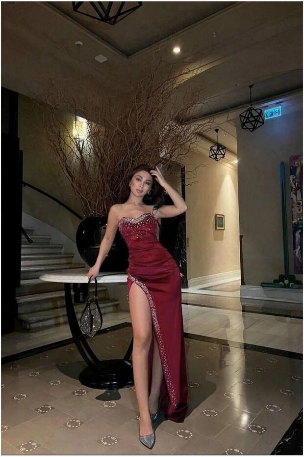 Velvet Detailed Strapless Evening Dress Stone Fabric Dress