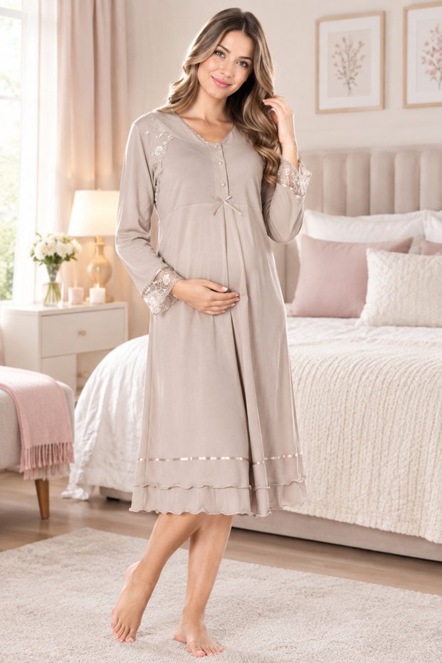 Breastfeeding-Enabled Cotton Maternity Long Nightgown Effortt