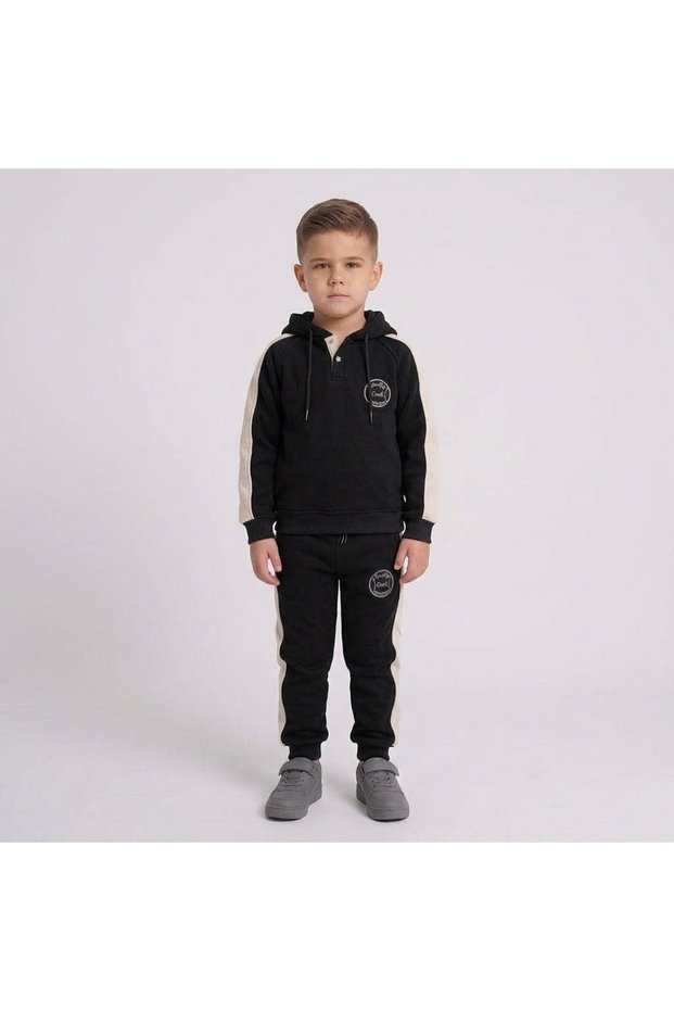 Boy's 3-Strap Hooded Tracksuit Set Bottom+Top