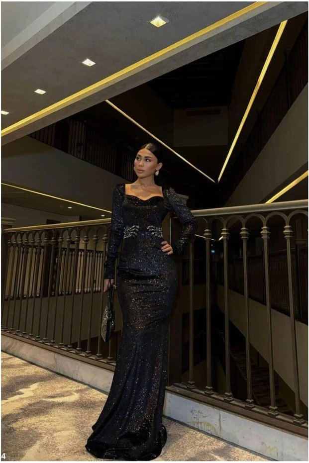 Velvet Detailed Evening Dress Stone Fabric Dress Collar Heart