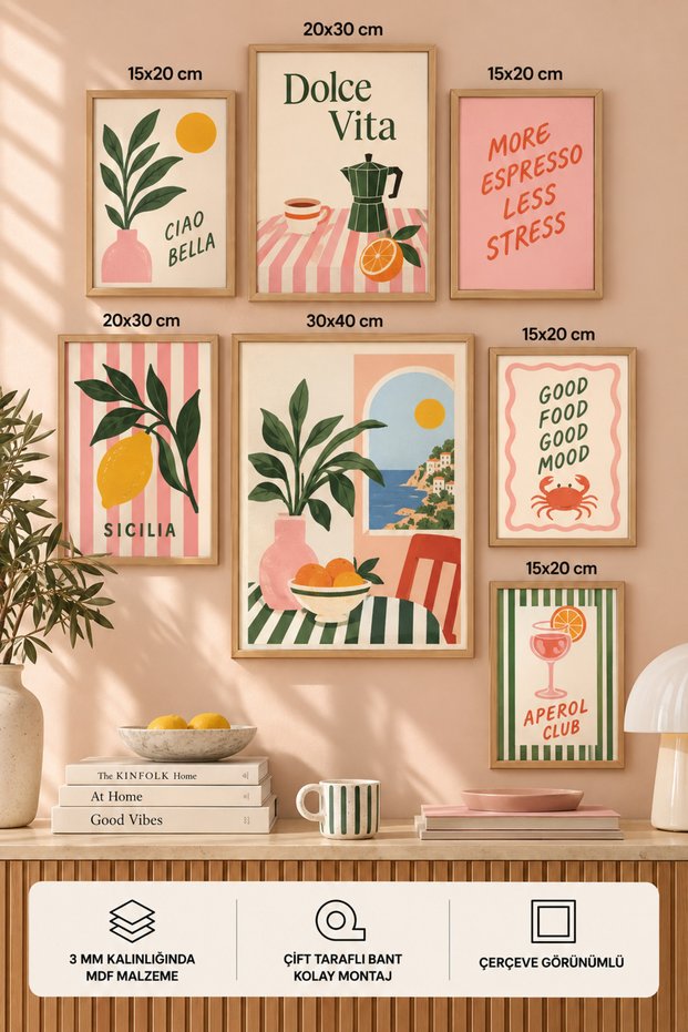 7-Piece Frame-Looking Modern Painting Set | Retro & Pop Art | Sweet Life | Living Room, Office, Kitchen and Study Room Wall Decoration