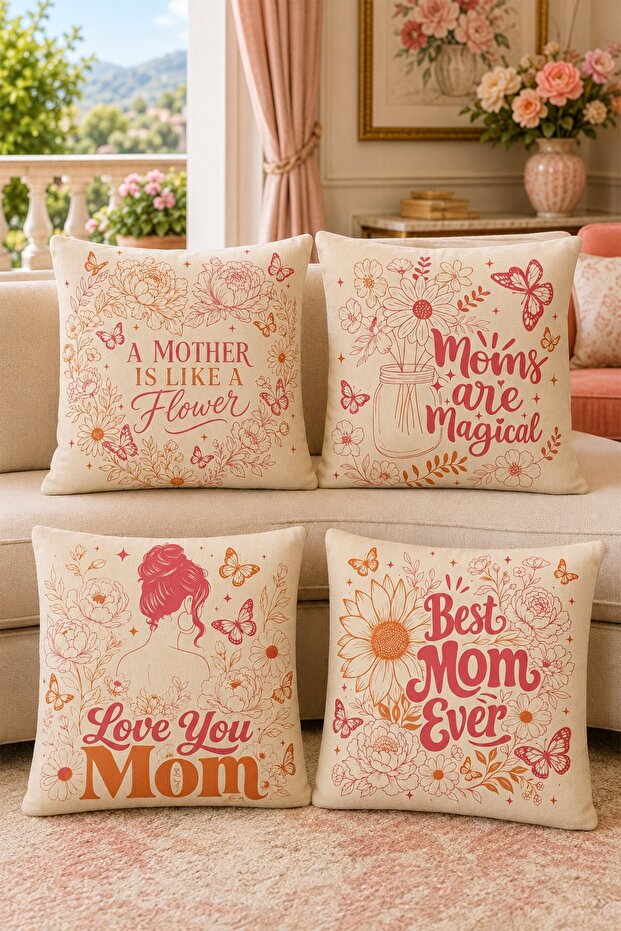 Floral Mother Silhouette Patterned 4-Piece Throw Pillow Cover Set