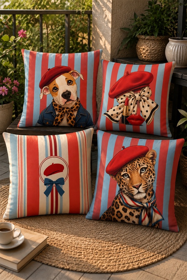 4-Piece Throw Pillow Cover Set with Hat-Wearing Dog and Leopard Pattern