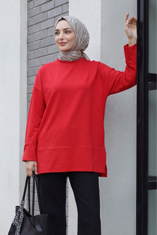 Crew Neck Slit Oversize Combed Cotton Tunic -Red