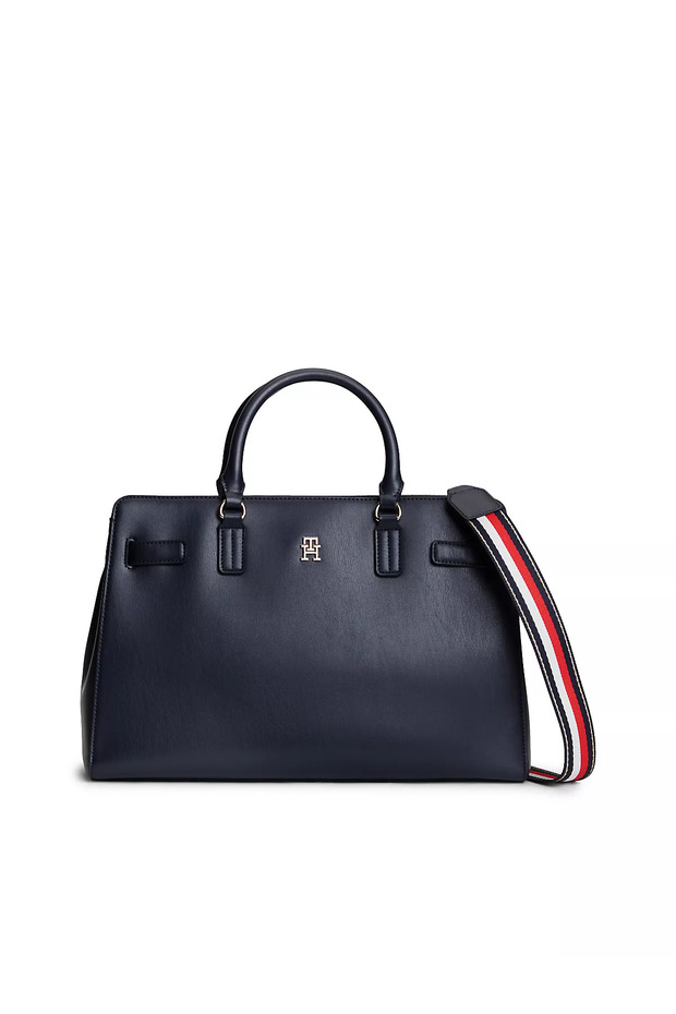 Women's Metallic Embossed Th Logo Stripe Patterned Long Strap Navy Blue Card Holder