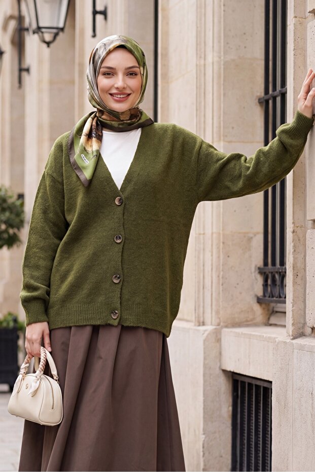 Buttoned Front V-Neck Soft Knitwear Cardigan -Khaki