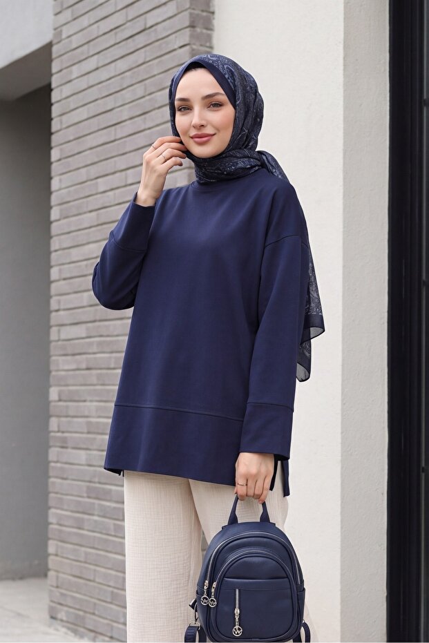 Crew Neck Slit Oversize Combed Cotton Tunic - Dark Blue