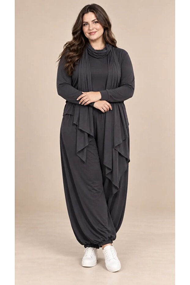 Women's Plus Size Oysho Fabric Anthracite Shawl Blouse Elasticated Trousers Triple Set Hzl26S-Zss19911