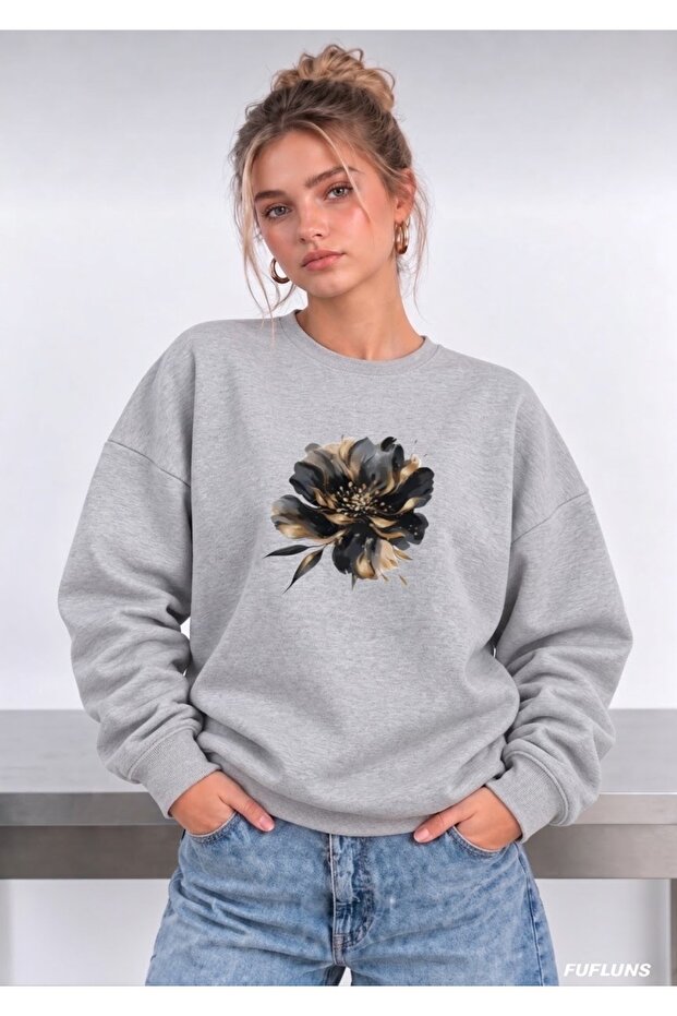 Black Flower Printed Oversized Women's Crewneck Sweatshirt