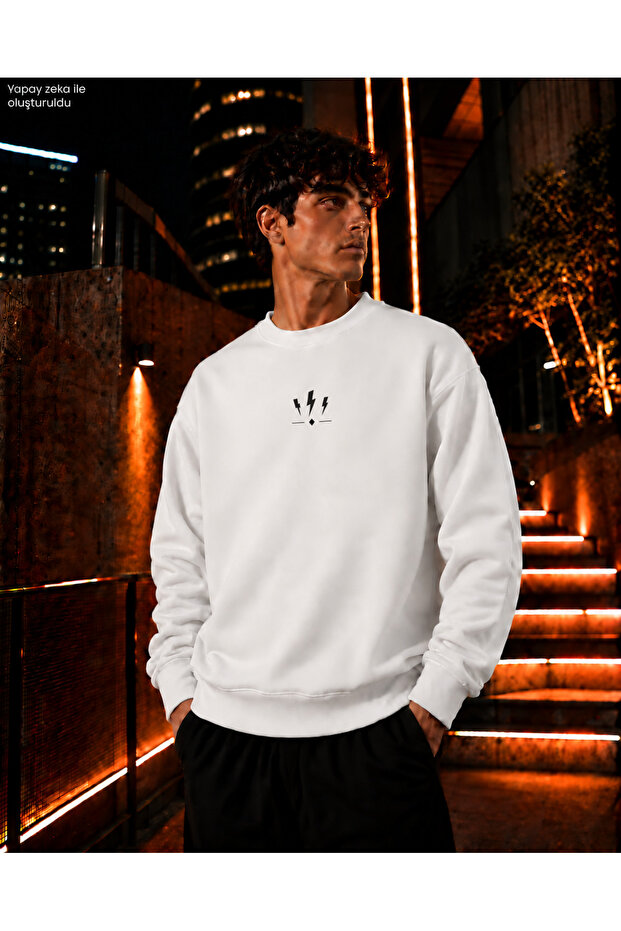 Men's Minimal Lightning Lightning Detail Crew Neck Casual Regular Fit Sweatshirt
