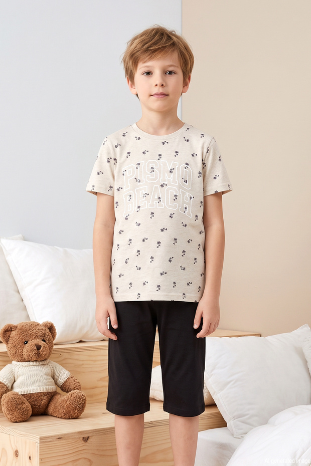 Boy's Short Sleeve Shorts Combed Cotton Pajama Set 4310 Beige