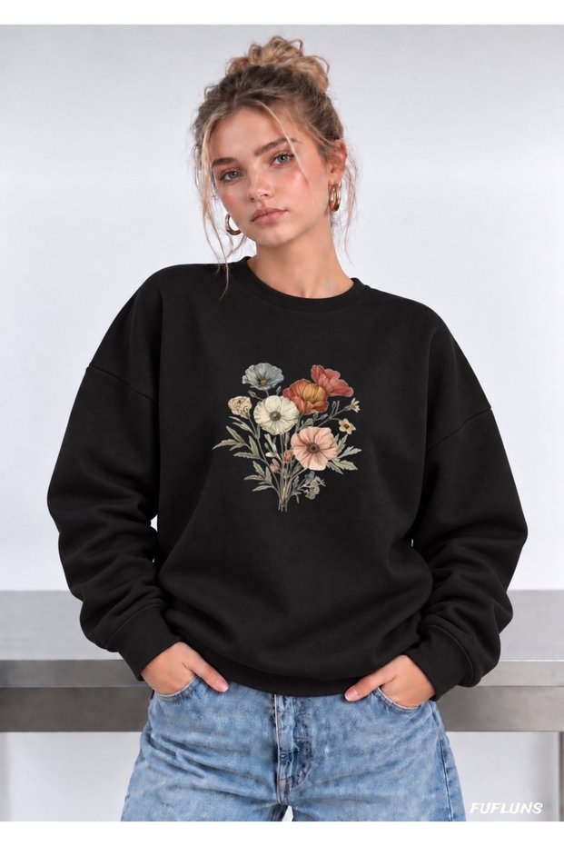 Flower Printed Oversized Women's Crewneck Sweatshirt