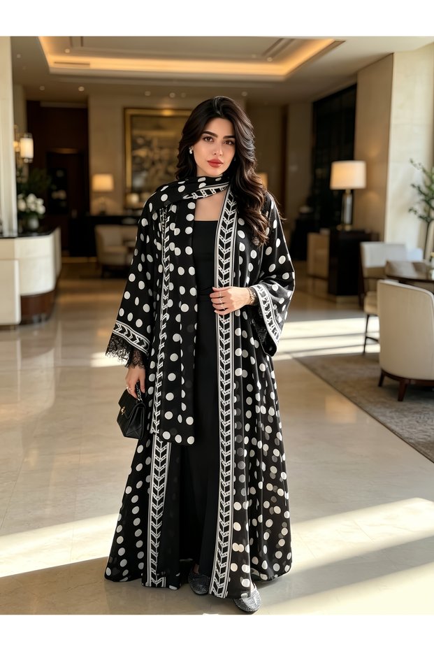 Polka Dot Print Splicing Lace Abaya Set (including headscarf)