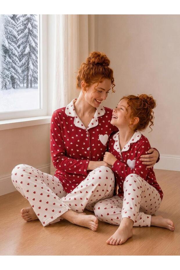 Women's Red-White Heart Patterned Front Buttoned Mother-Daughter Combination Suede Winter Warm Pajama Set