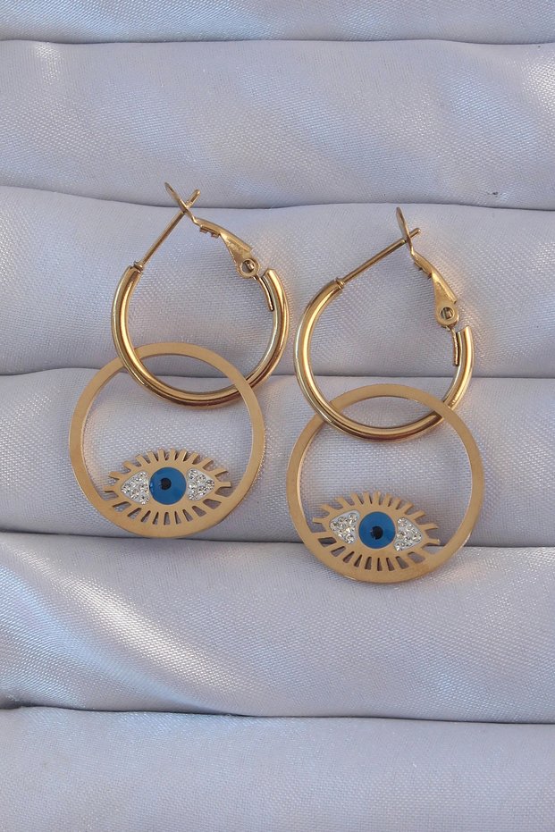 316L Steel Gold Color Zircon Stone Blue Eye Design Hoop Earrings Tj-Bkp9161