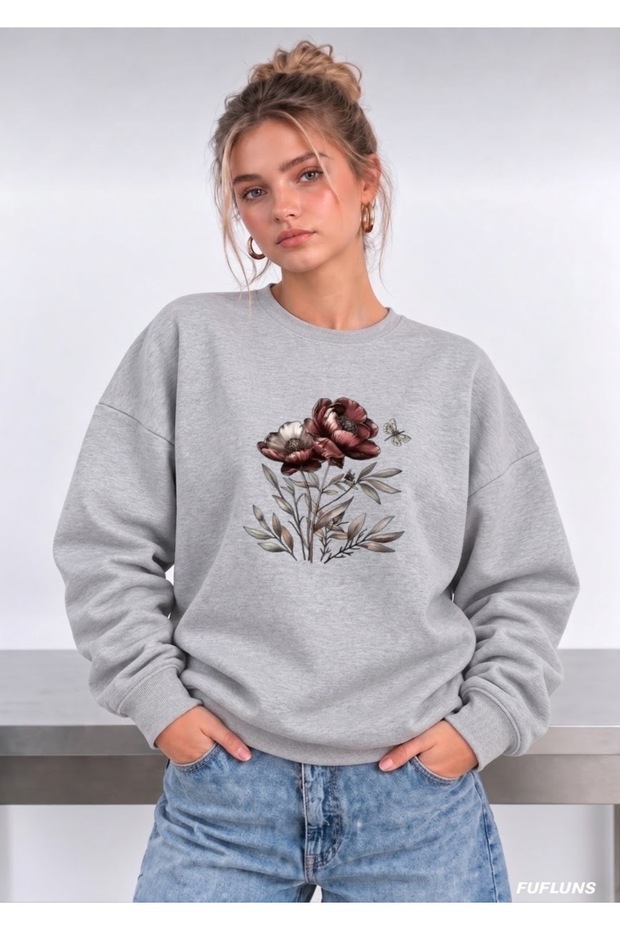 Butterfly Flower Printed Oversized Women's Crewneck Sweatshirt