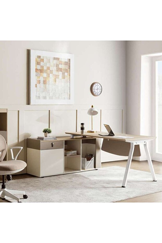 Shanil Executive Desk With Side Cabinet Melamine - Beige & White