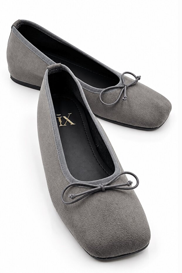 Fly Women's Suede Gray Blunt Toe Thin Bow 3cm Hidden Heel Flat Sole Ballerina Ballet Shoes