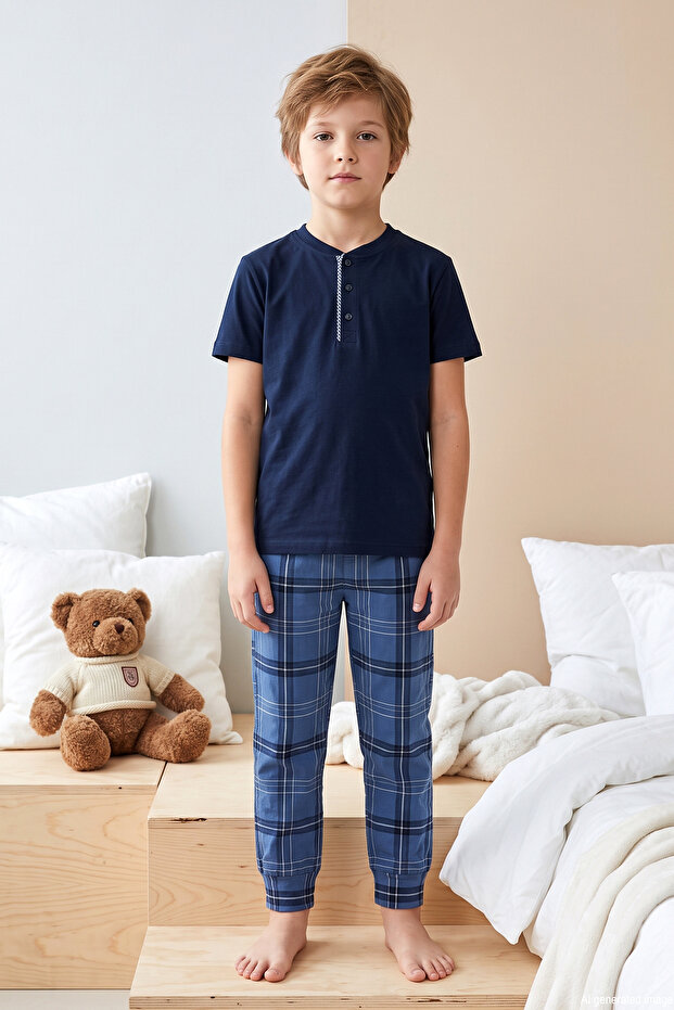 Young Boy's Short Sleeve Shorts Pajama Set 4374 Navy Blue02