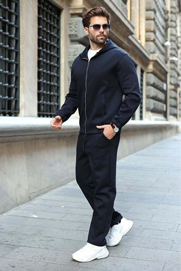 Navy Blue Hooded Zippered Double Face Men's Tracksuit Set E7374