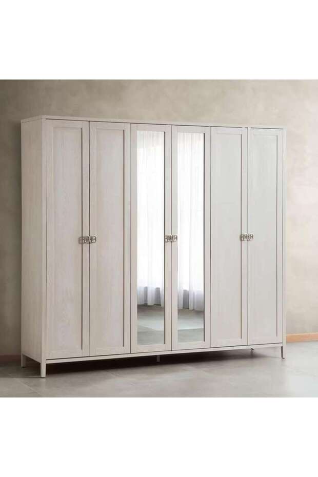 Arceline 6 Doors Wardrobe With Mirror - Light Grey
