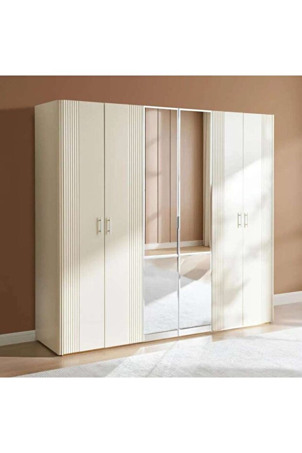 Kirby 6 Door Wardrobe With Mirror - Beige