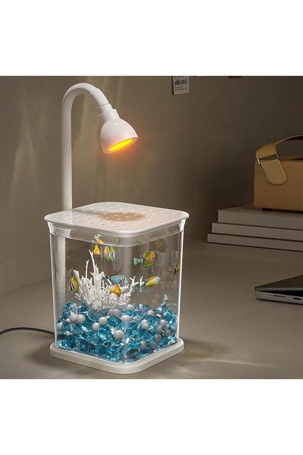 ® حوض سمك بيتا، حوض سمك صغير شفاف بسقف مهوى مع إضاءة LED، حوض رومانسي بلون أزرق