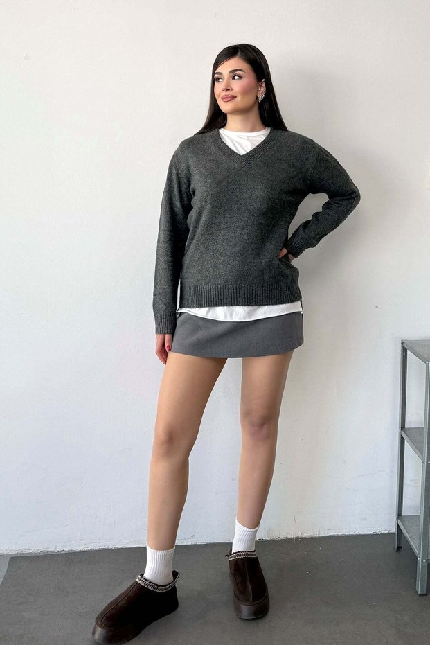 Women's V-Neck Casual Knitwear Sweater Anthracite - 27K 2571