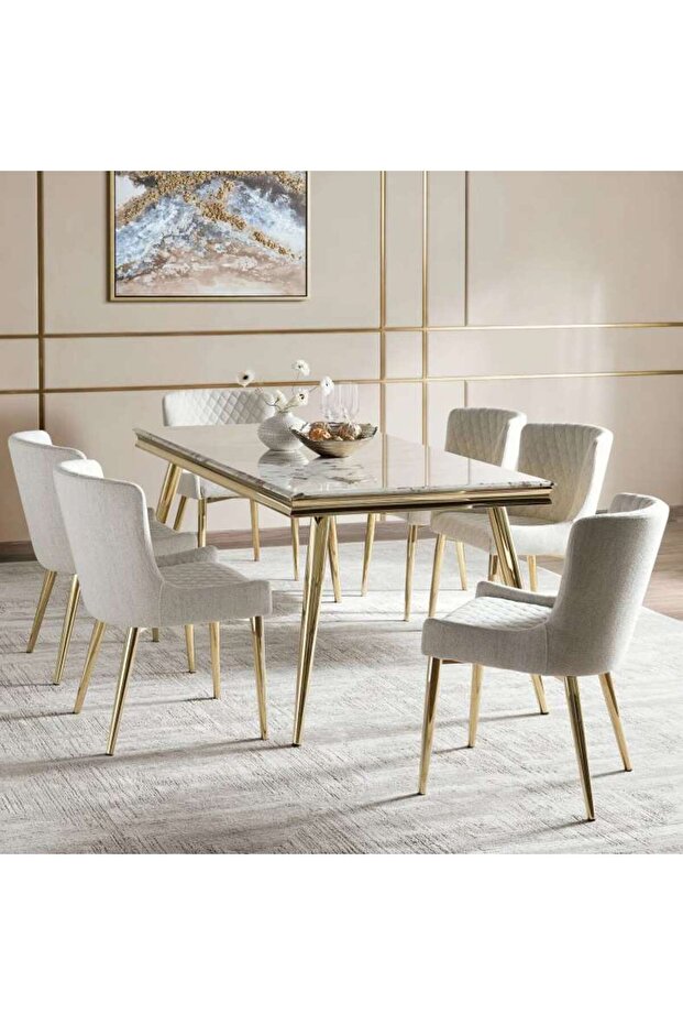 Glasgow V1 1+6 Dining Set Marble - Yellow & Gold