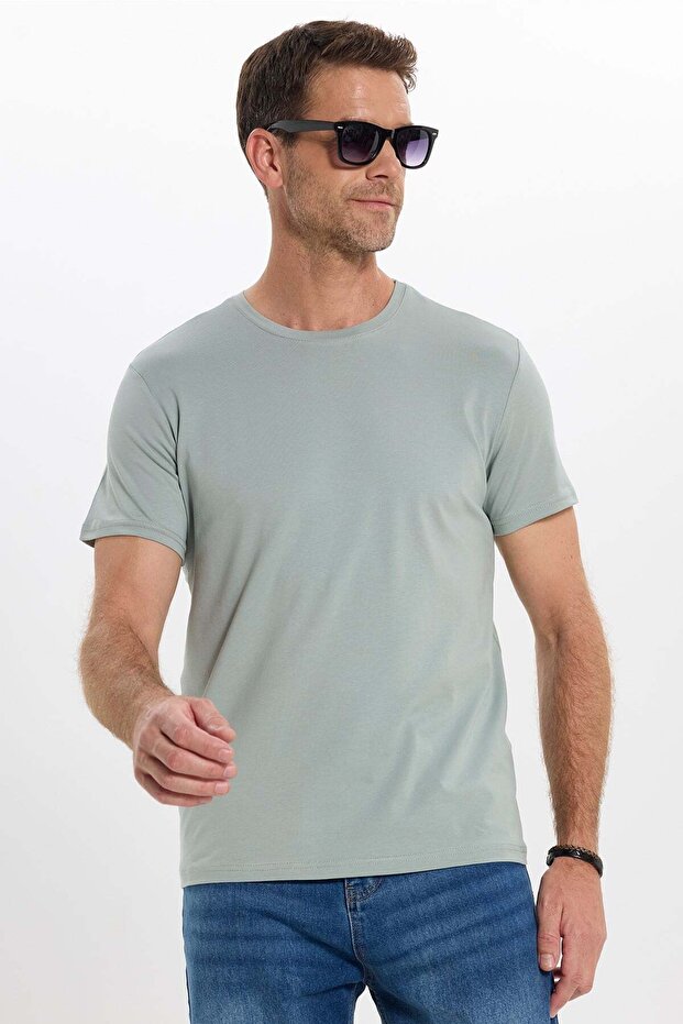 Men's Slim Fit Cotton Soft Texture Lycra Flexible Fabric Basic Mint Crew Neck T-Shirt