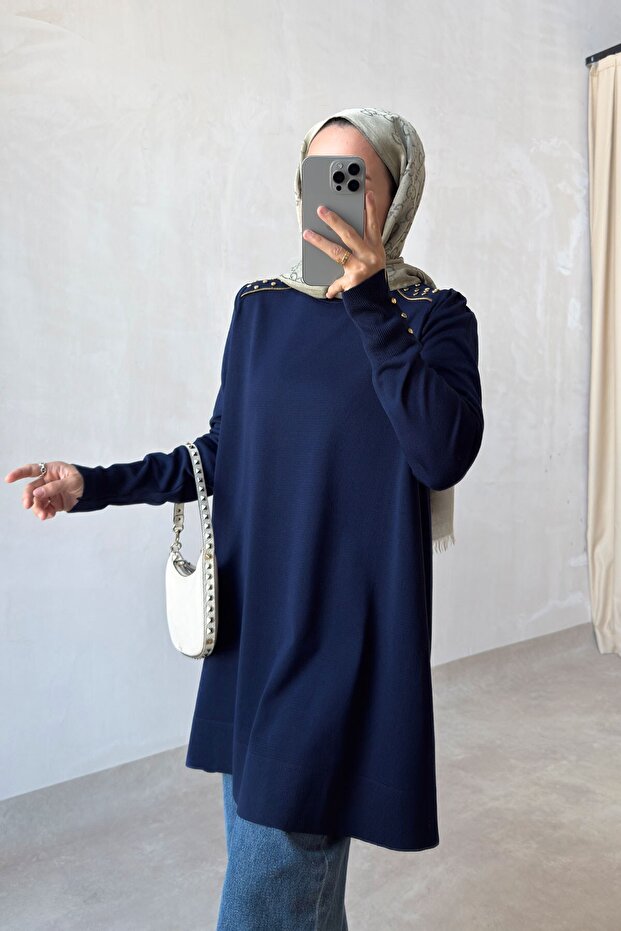 Mercerized Tunic with Shoulder Accessory Detail - Navy Blue