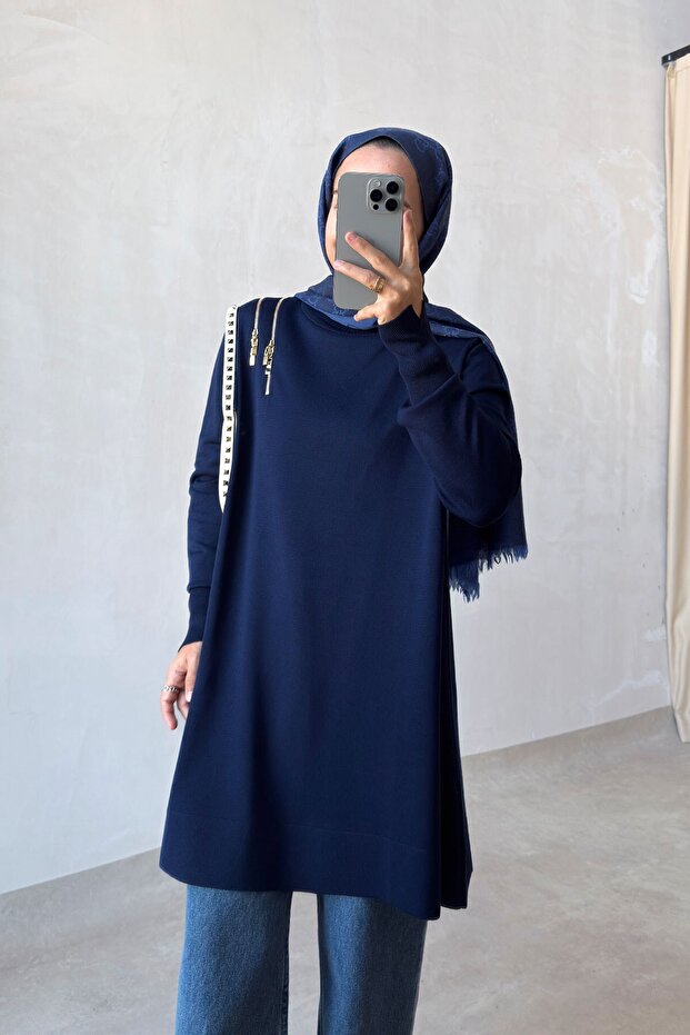 Shoulder Zippered Mercerized Tunic - Navy Blue