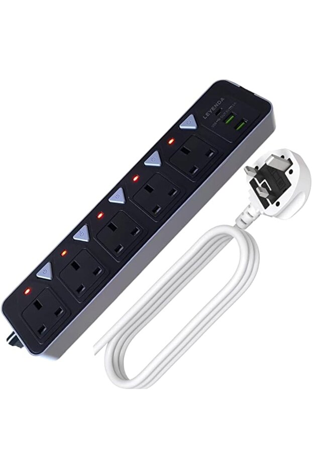 Power Strip Extension Cord with Surge Protection – 5m Heavy Duty Cable, 5 Universal Sockets, 2 USB P