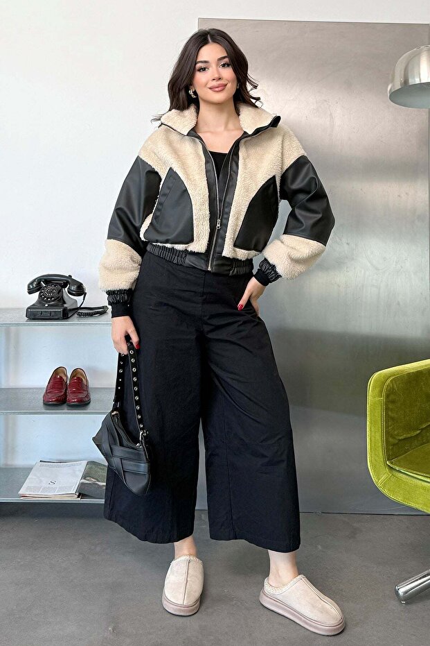 Women's Stand Collar Zippered Plush Coat Black - 8752