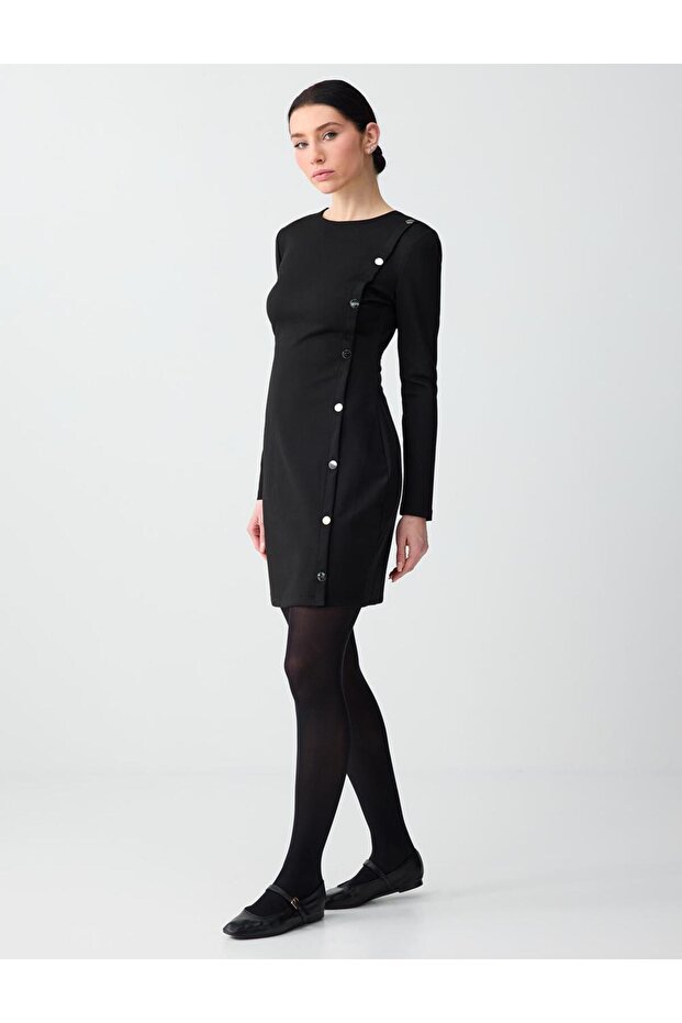 Black Button Detailed Round Neck Long Sleeve Short Dress